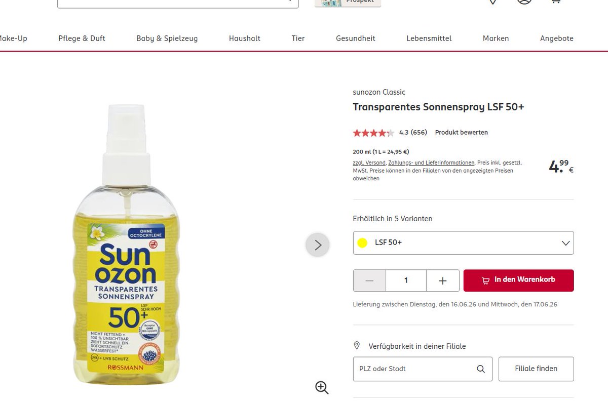 Kripto1818913's tweet photo. @ZamHaberAjans Rossmann Türkiye’de 1.024 TL’den 399 TL’ye düşürülen güneş koruyucu sprey, Rossmann Almanya’da indirimsiz sadece 5 € (yaklaşık 267 TL) fiyatla satılıyor. https://t.co/MlTp7V9UiW