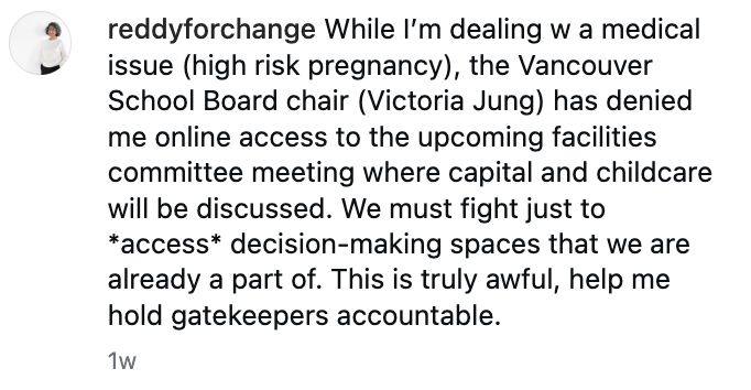 VyasSaran's tweet photo. @SasonRoss @pattibacchus @marissenmark @DrMoiraStilwell @MikeHanafin @VSB39 @victoriajungvan This is the work she does, by the way: denying a pregnant board member access to a meeting where childcare was being discussed. https://t.co/WrLZ5WKnED
