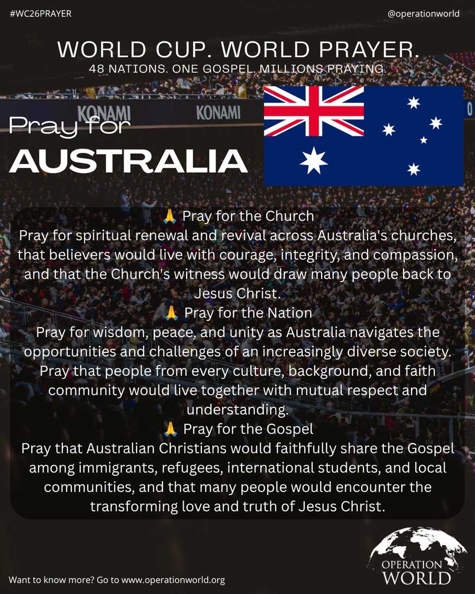 operationworld's tweet photo. Only 12 hours 'til kickoff for Australia vs Turkey! Take 5 minutes to pray for Australia. Our prayers can make a difference in the battle for the ultimate prize of salvation during this World Cup. #WC26Prayer #FIFAWorldCup https://t.co/BwL3mjim44