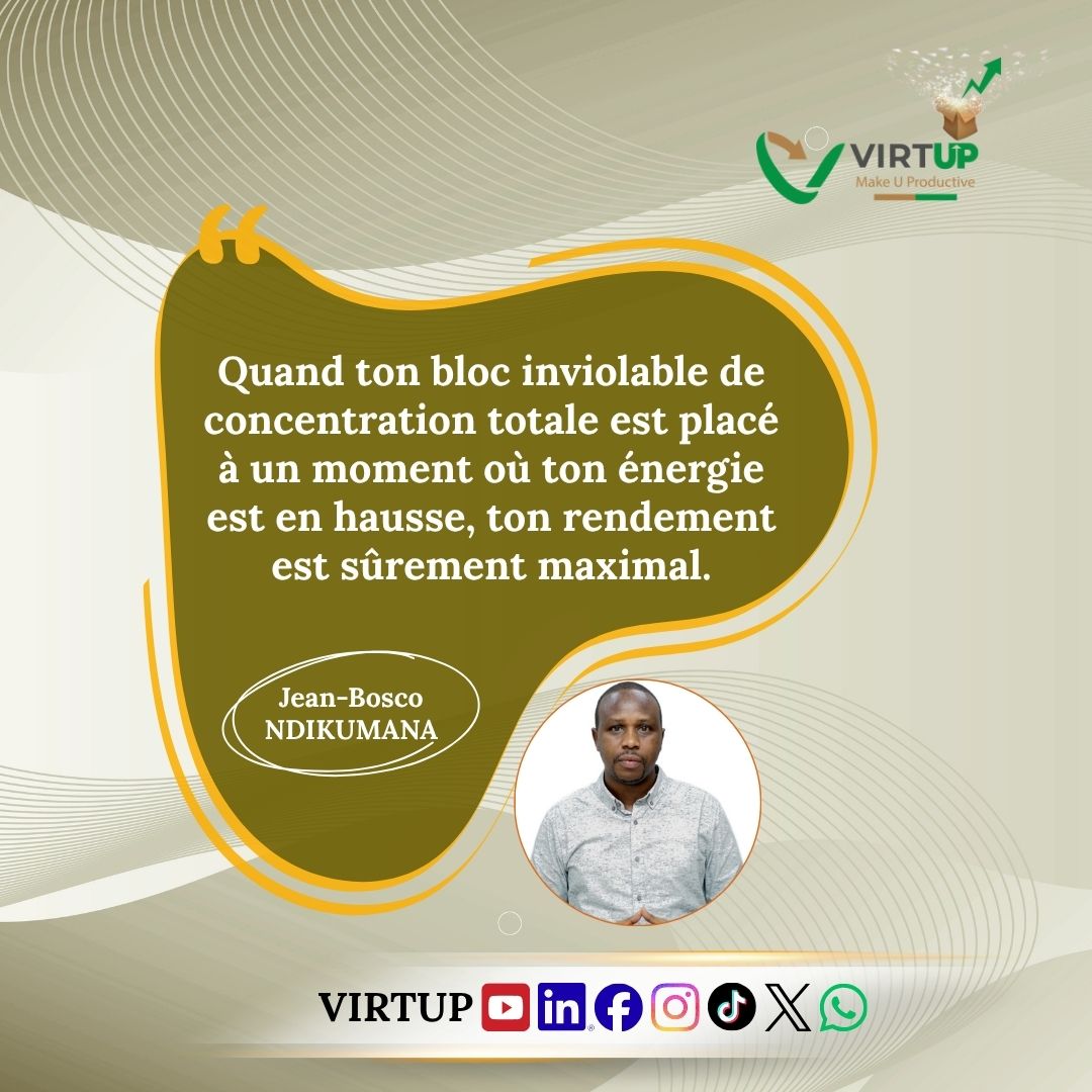 1VIRTUP's tweet photo. #virtup1
#leadership
#productivité
#concentration
#rendement
#créateursderichesses
#citation
#jeanboscondikumana https://t.co/SjLpCt04h6