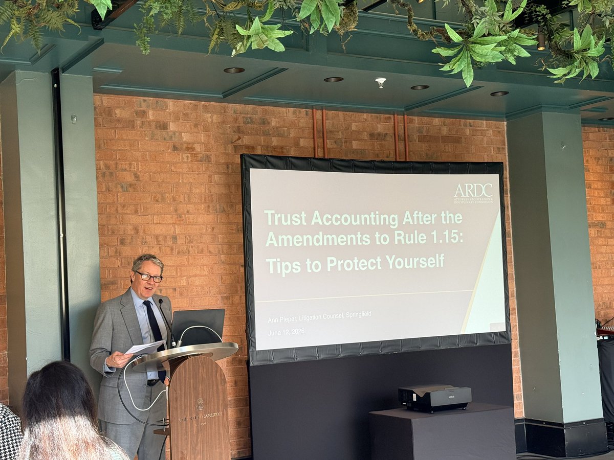 ISBAlawyer's tweet photo. ARDC litigation counsel, Ann Pieper, presents “Trust Accounting After the Amendments to Rule 1.15: Tips to Protect Yourself” during the ISBA Annual Meeting on June 12, 2026. 

Special thanks to moderator James Doppke.

#ISBA #AnnualMeeting2026 https://t.co/kIaMFLyhl3