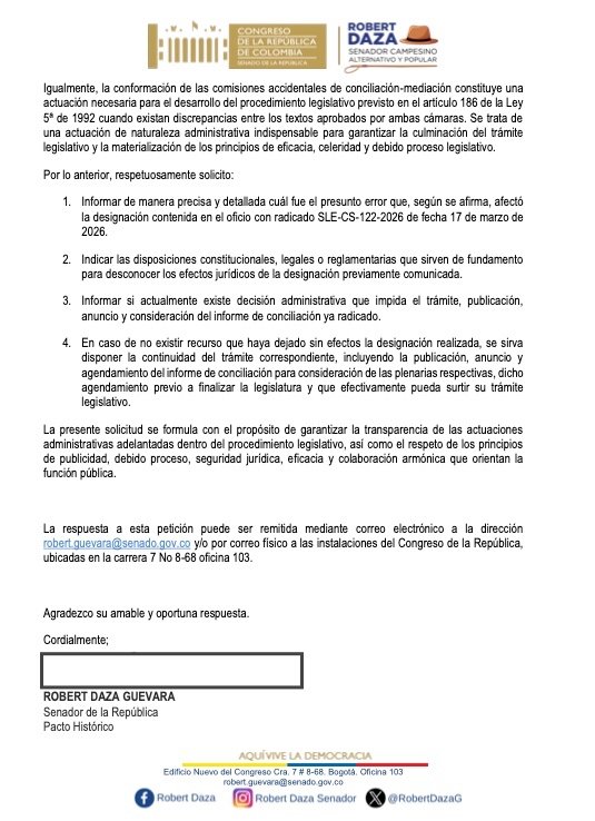 RobertDazaG's tweet photo. 🚨Acabo de enviar un derecho de petición al presidente del Senado @Lidiosenado para que nos explique cuáles son las razones para que, hasta el momento, siga sin darse la conciliación del proyecto que reconoce la gestión comunitaria del agua. 

❌ Ante la ausencia de argumentos jurídicos y administrativos por parte de las secciones competentes sobre la no publicación y agendamiento de la conciliación, necesitamos que se dé una respuesta con celeridad. 

💧¡Nos quedan 4 días y está en juego el reconocimiento ante la nación de la gestión del agua que realizan más de 8 millones de campesinos, campesinas y habitantes de la ruralidad en el país!
