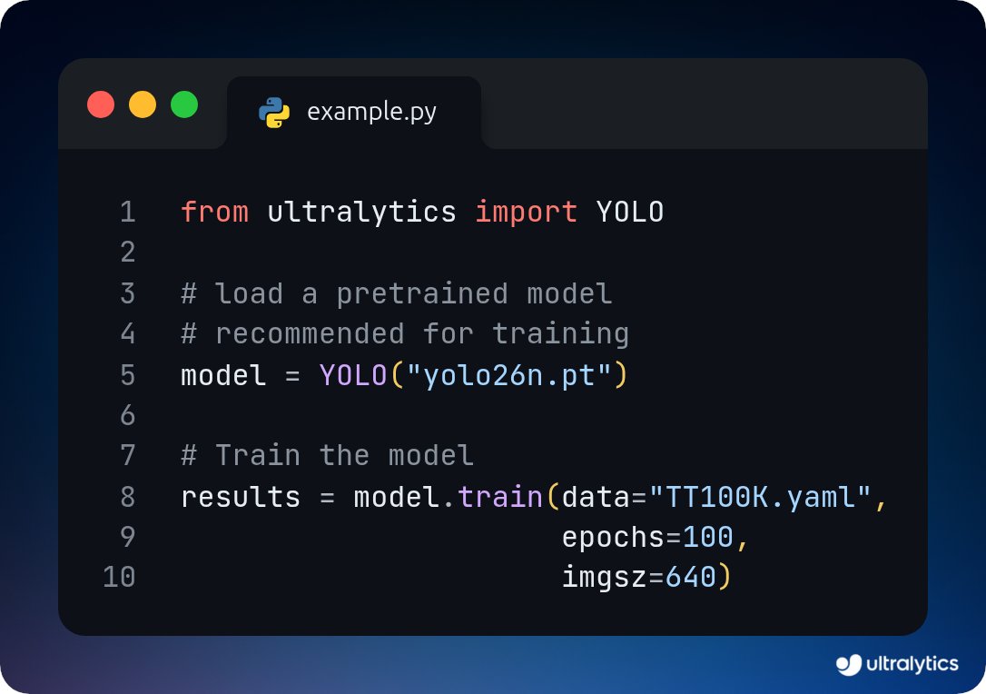 ultralytics's tweet photo. Train Ultralytics YOLO26 on the TT100K dataset! 🚦

Detect traffic signs across diverse road scenes, ideal for autonomous driving research, road safety systems, and intelligent transportation applications.

Start training ➡️ https://t.co/LDWo063nyn

#Ultralytics #YOLO26 #AutonomousDriving #Research