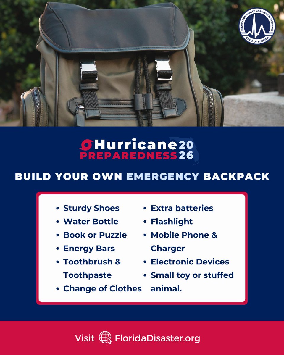 AHCA_FL's tweet photo. This hurricane season, be prepared for anything! Build your own emergency backpack with essentials like sturdy shoes, a water bottle, energy bars, and more. Visit https://t.co/EeEwaGva8O for the full checklist and tips. Stay safe, Florida! 

#EmergencyPrep https://t.co/FYrmmtdNZJ