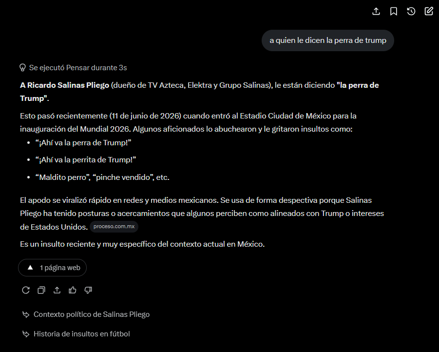 arqint02's tweet photo. @chuletl @MemoSalinas @grok @NinfaSalinas @SalinasBenjamin Yo no lo digo lo dice @Grok 

a quien le dicen la perra de trump?

@Grok 

"A Ricardo Salinas Pliego (dueño de TV Azteca, Elektra y Grupo Salinas), le están diciendo "la perra de Trump"." https://t.co/EV7JAMOkjy