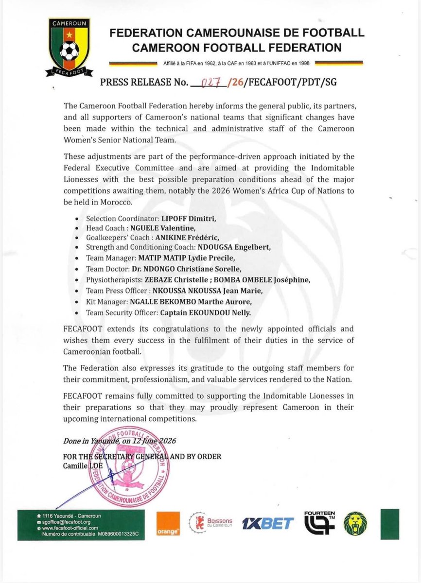 JWsports1's tweet photo. DUGOUT | Fecafoot appoints a new team at the helm of Cameroon WNT ahead of Wafcon 2026 in July. 

#WafconBuildup https://t.co/Lv4F2Mm17m