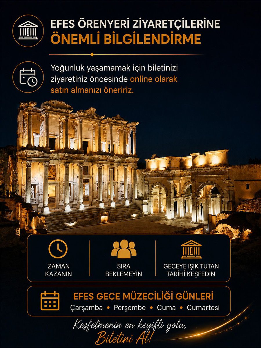 Muzekart's tweet photo. 🌙 Tarihin büyüleyici atmosferini gece ışıkları altında keşfetmeye hazır mısınız?

Efes Örenyeri’nde yoğunluk yaşamamak ve ziyaretinizi daha konforlu hale getirmek için biletinizi ziyaretiniz öncesinde çevrimiçi olarak almayı unutmayın. ✨ https://t.co/kXupA1ZaMs