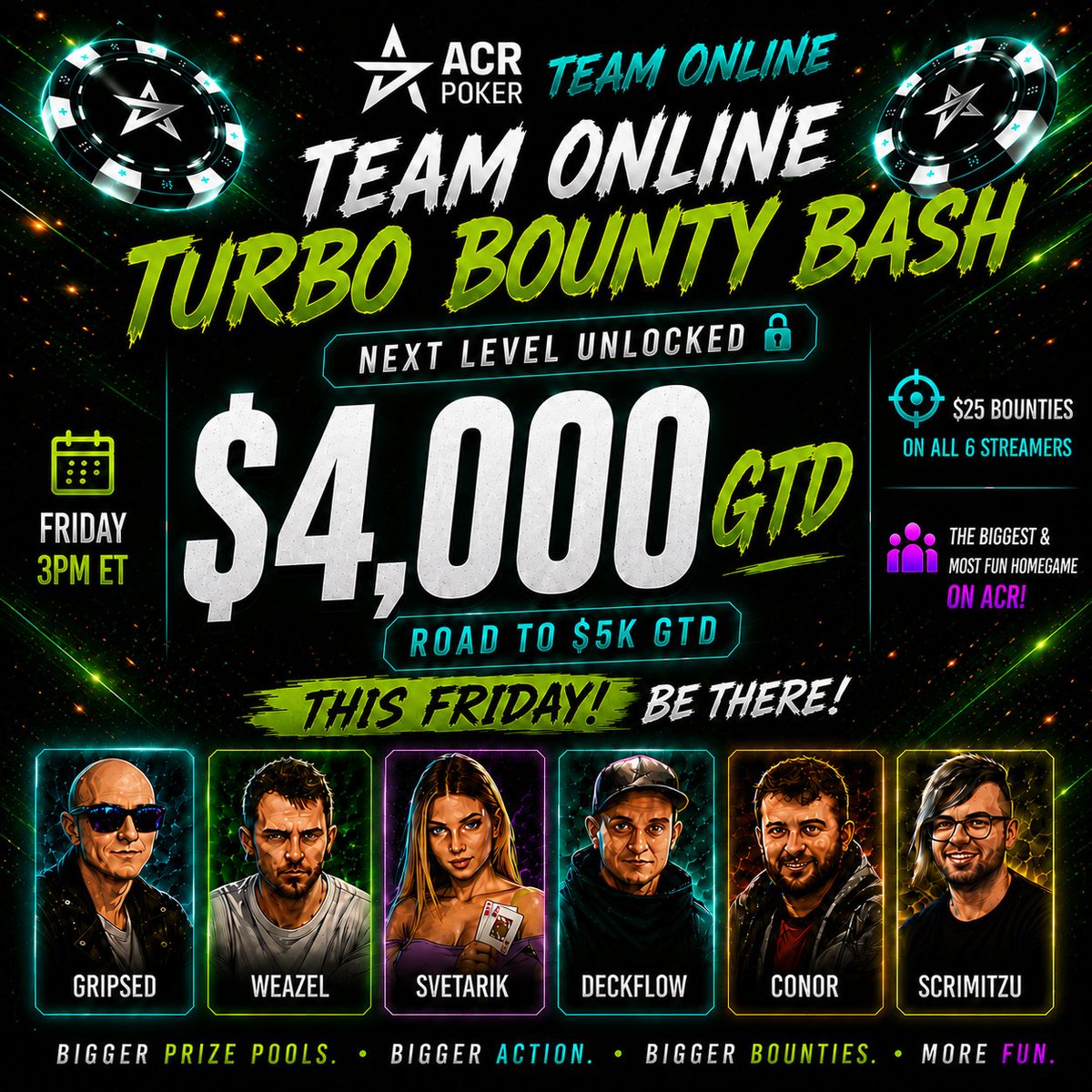 Gripsed's tweet photo. 🥳 Happy Free Money Friday
🔴 LIVE NOW https://t.co/faAcI3rlQf
🃏 Massive Added Value games today
🎟️ 10x$6.60 Tickets via Marbles @ 4PM ET

3PM:
💥 $4,000 GTD Turbo Bounty Bash
🎯 $25 Bounties on all 6 Streamers

5PM:
💰 $500 Added Homegame

Now:
✅ Repost to Enter $10 Giveaway! https://t.co/CuANl8goYy