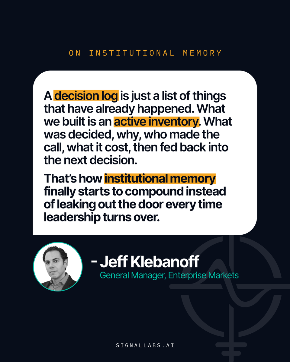 attnsignal's tweet photo. The cost most enterprises never measure is relearning what they already knew.

Institutional memory is one of the primitives Signal Labs is building inside Attention Infrastructure.

Jeff Klebanoff on what changes when memory becomes architecture.
👇 More in the comments. https://t.co/PqLhtg1NRz