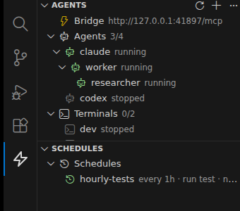 cfpperche's tweet photo. The core trick: an embedded MCP Bridge. One agent spawns sub-agents, reads their output, writes to them — spawn_agent, write_input, read_output, notify. Agents that orchestrate agents.

Tachyon also watches every pane and tells you — and your other agents — who needs you (prompt detection), who's idle (CPU-aware, so a thinking agent is never flagged as stuck), who crashed (exit code + frozen postmortem). No more babysitting.

And new this week: session resume. A reboot, wsl --shutdown, or an OOM kill takes your agents down? Reopen the folder and they come back WITH their conversation — claude --resume, codex resume… Your fleet survives the machine, not just the editor.

Plus: human-gated schedules (cron for agents), curated commands & runbooks, shared human↔agent pins, multi-root workspaces, and a tmux server inspector.