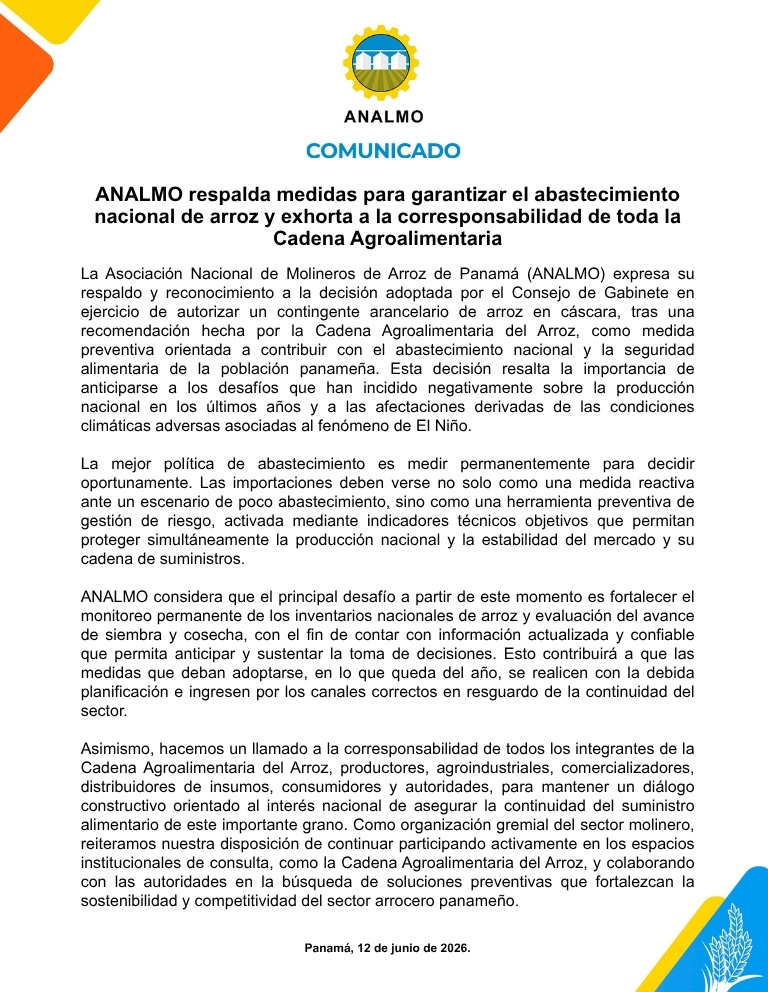 AnalmoPma's tweet photo. ANALMO respalda las medidas preventivas orientadas a fortalecer el abastecimiento nacional de arroz y la seguridad alimentaria del país. Reiteramos la importancia de la planificación basada en criterios técnicos y hacemos un llamado a la corresponsabilidad de toda la Cadena Agroalimentaria del Arroz para garantizar la continuidad y sostenibilidad del sector. 🌾🇵🇦 #ANALMO #SeguridadAlimentaria #Arroz