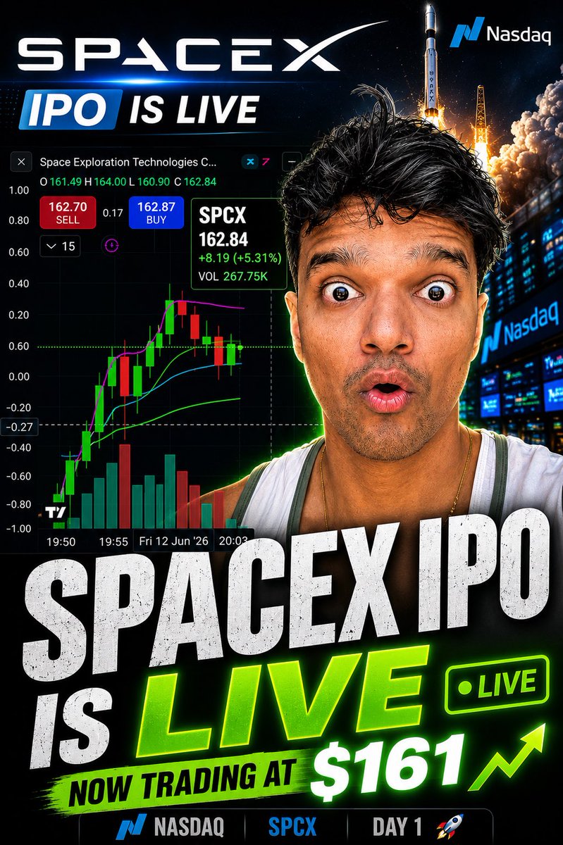 nikonchain's tweet photo. 🚨 BREAKING: SpaceX is officially trading.

Current price: ~$161/share.

For years, investors watched from the sidelines while SpaceX remained private. Today, that changes.

$SPCX 🚀
#SpaceX #ElonMusk #NASDAQ #IPO #Stocks https://t.co/kY96pCaib7