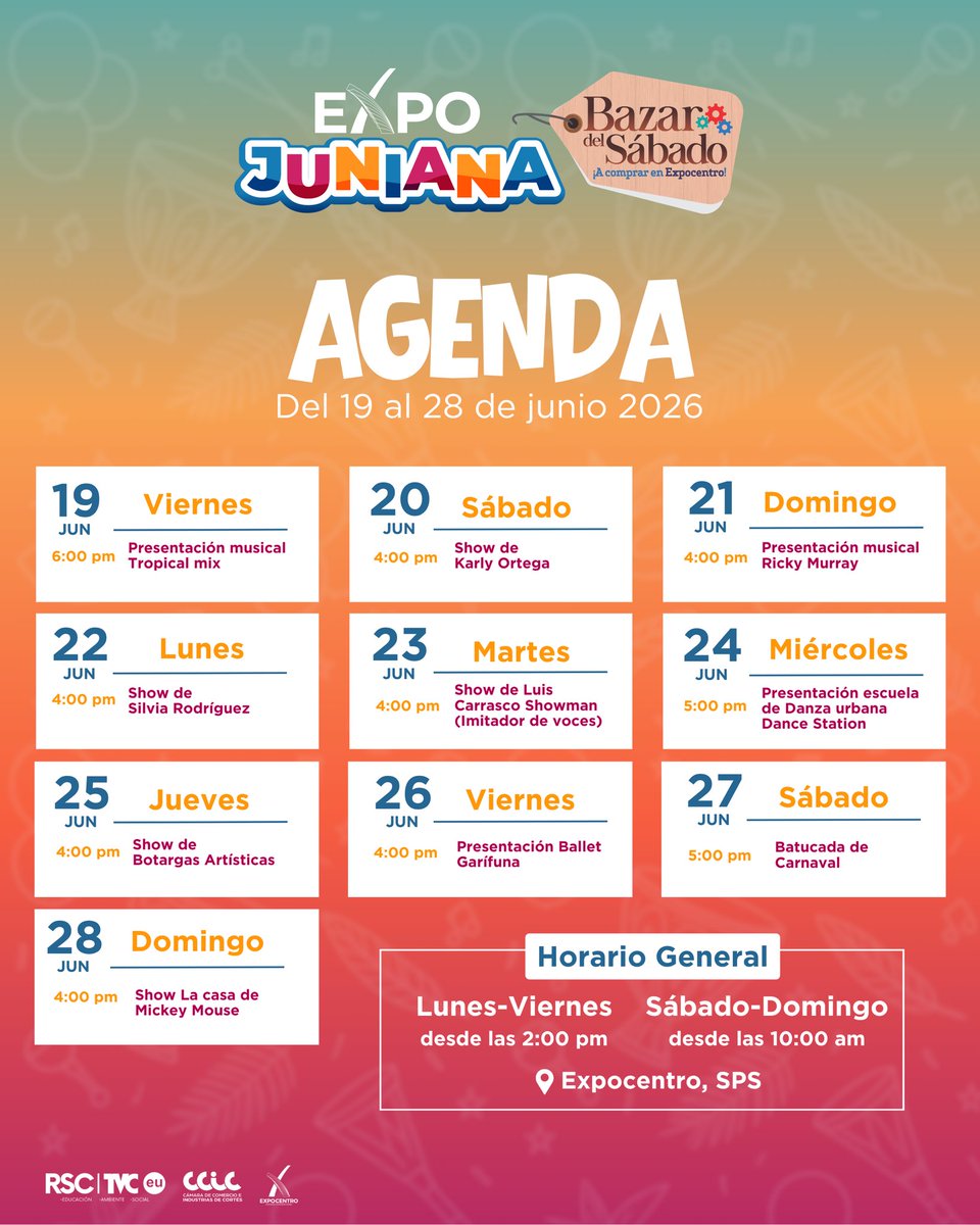 BazarDelSabado1's tweet photo. ¡Calendario del Bazar del Sábado durante la ExpoJuniana! 🎶✨
Durante los 10 días, el #BazardelSábado será el punto de encuentro para disfrutar en familia y apoyar a los emprendedores
📍#Expocentro, SPS
🗓️ Del 19 al 28 de junio
🎟️ Entrada general a la feria: L. 50 https://t.co/7VjLcJ9Vdj