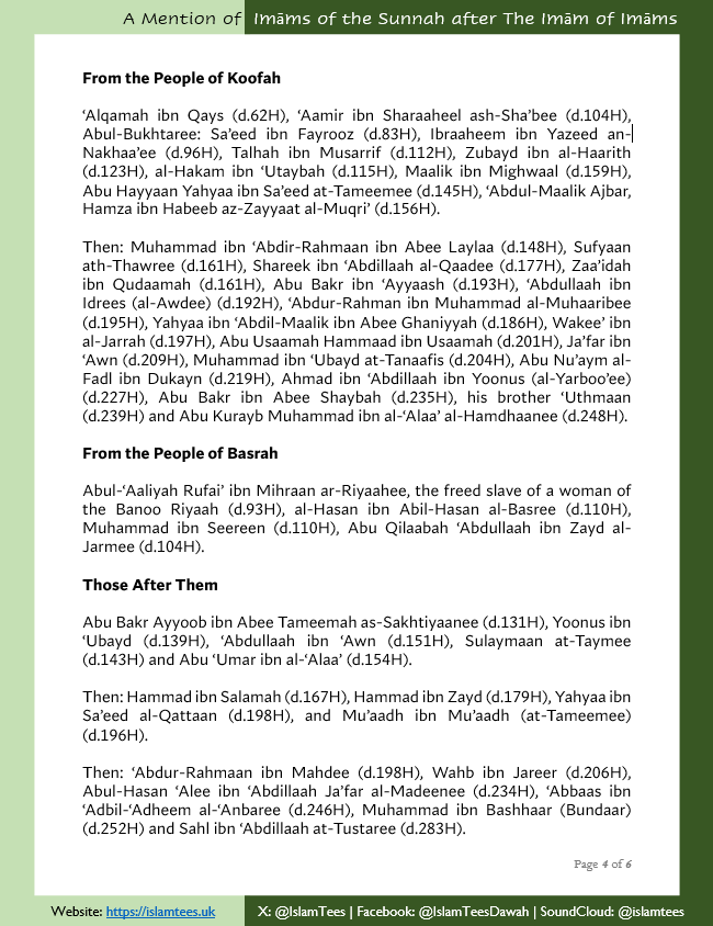 IslamTees's tweet photo. A Mention of the Imāms of the Sunnah after the Imām of Imāms
PDF: https://t.co/Swlvd63eU6
(6 pages)
#salaf #imams #sunnah #scholars https://t.co/FqH5UOP8TQ