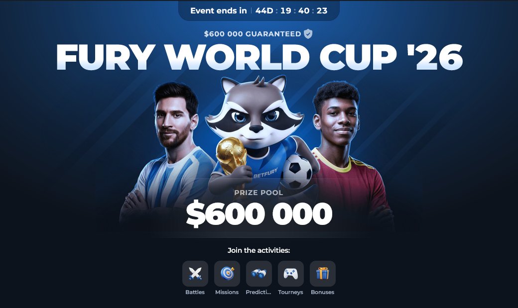 Bitcoinxxx1's tweet photo. 🏆 Fury World Cup '26 is LIVE!  
$600,000 Prize Pool – biggest event on Betfury!  
Football + Crypto + Big Wins   🔥
https://t.co/DIswNoxhgs  

Which team are you rooting for? 

#Betfury #WorldCup2026 https://t.co/oJJ0S4XMvb