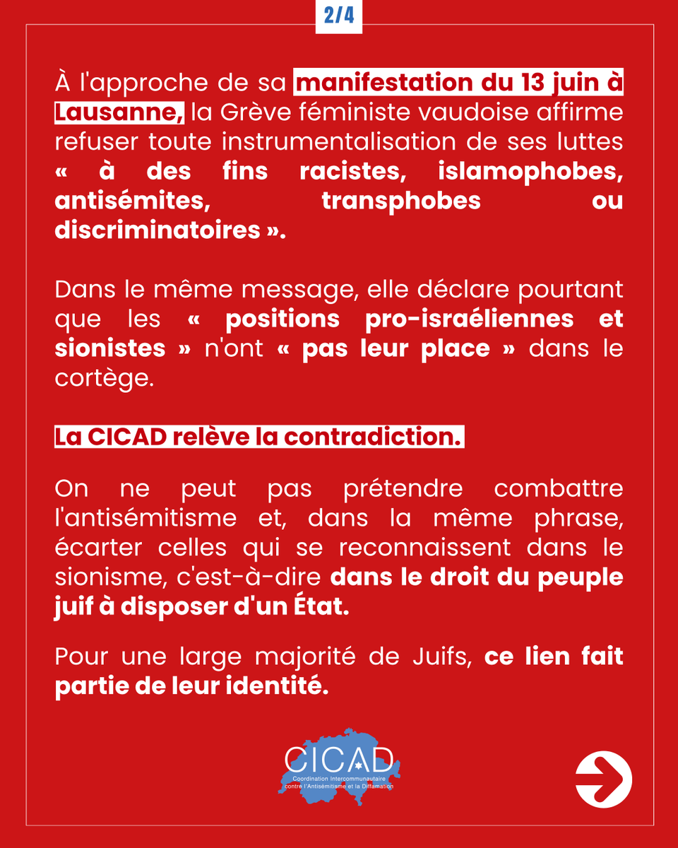 CICADch's tweet photo. La CICAD dénonce l’exclusion des sionistes annoncée par la @GF_Vaud.
On ne peut pas refuser l’antisémitisme tout en excluant celles et ceux pour qui le droit du peuple juif à disposer d’un État fait partie de l’identité.
Une lutte contre les discriminations doit valoir pour tous. https://t.co/GhnRULm8B6