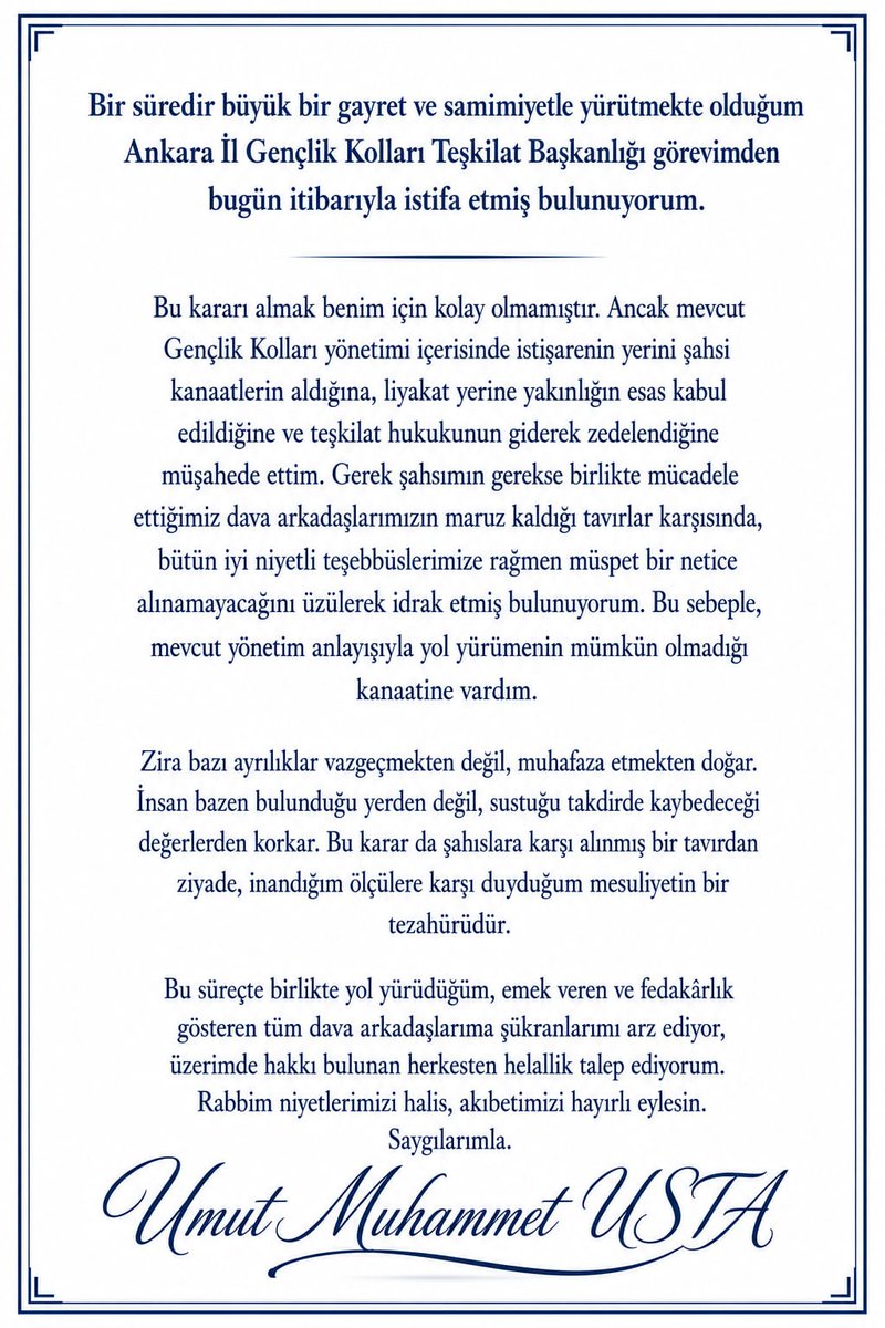Umutusta94's tweet photo. Ankara İl Gençlik Kolları Teşkilat Başkanlığı görevimden feragatımın ilanıdır. Genel Başkanımız Sayın Yavuz AĞIRALİOĞLU'nun izinde memleketimiz için daha fazla çalışmaya devam edeceğiz. ❝Sıdk ile sâdık olana derdine lâyık olana Aşk ile âşık olana gam-ı firâk n’eyler❞ https://t.co/FM7Du8ZYED