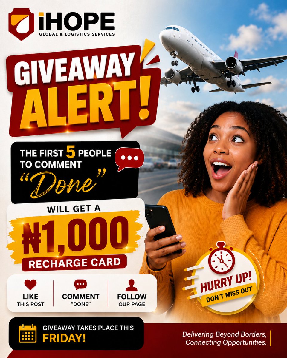 ihope_global's tweet photo. FRIDAY GIVE AWAY ALERT🚨🚨@

Who doesn't like awoof? 

We are giving away ₦1,000 recharge card First 5 people to comment "DONE" on this post!.

TO QUALIFY 
✅️Like the post
✅️Follow our page 
✅️Comment "DONE"

Hurry! Winners will be selected as soon as possible. 

BYEE https://t.co/dnDgnRk890
