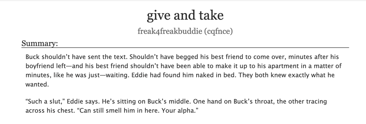 werediaz's tweet photo. #aEddieoBuckWeek26 Day 5 - give and take

-infidelity
-idk how to market this one it scares me
-eddie calling buck puppy in a mean way

Rated E | 3.9k words https://t.co/WXcWgYD1sQ