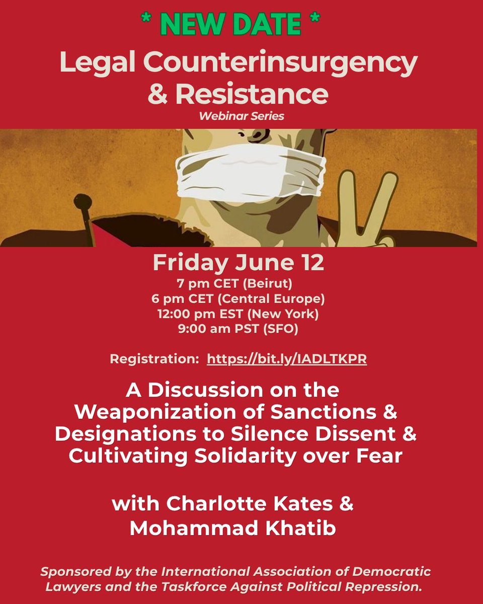 Suz_Adely's tweet photo. The IADL and the Taskforce of Political Repression (NLG) were just about to introduce an important webinar on the use of Sanctions and Designations as a tool of political repression, by the US and other states, before Zoom censored the event.  

We invited 2 individuals who have been impacted by the weaponization of these policies, which is clearly within our rights. 

Almost 300 people registered for the webinar; one minute before it was to begin, Zoom shut down the webinar, essentially sanctioning us. 

We intend to hold this important discussion, despite this censorship. We will let you know when and where you can access the rescheduled webinar.