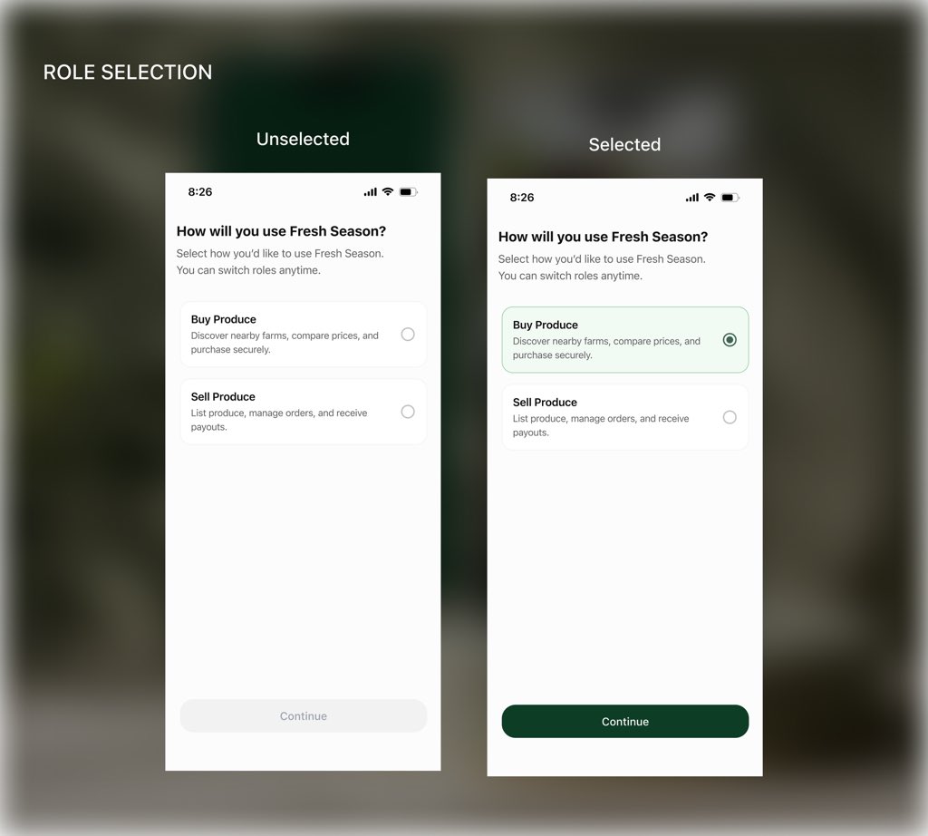 helloodinaka's tweet photo. Buyer Flow 1 - Onboarding

Fresh Season helps buyers discover produce from nearby farms without the usual market stress.

The onboarding was designed to feel the same way: simple, focused, and easy to get through..🌱 https://t.co/kz36T3ftVW