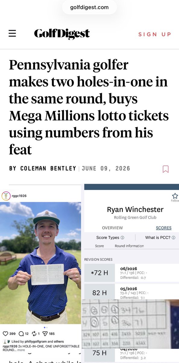 YipStrickler's tweet photo. Ryan Winchester went viral this week after making TWO holes-in-one in the same round!  Ryan shot 71 and he gleefully shared his scorecard for the world to see.  Then he posted a 72 instead of the 71 he actually shot.🐀🤦‍♂️ #TheYipRule #golf #journalism @GolfDigest https://t.co/7kbWfxI7lN