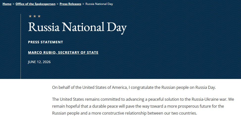 BohuslavskaKate's tweet photo. Rubio congratulated Russians on Russia Day 💩

He is wishing a “more prosperous future for Russian people” at the very moment when they are slaughtering thousands of Ukrainians under occupation, across the front line, and behind it with missiles and drones.

What a disgrace! https://t.co/jGd0dtny2M