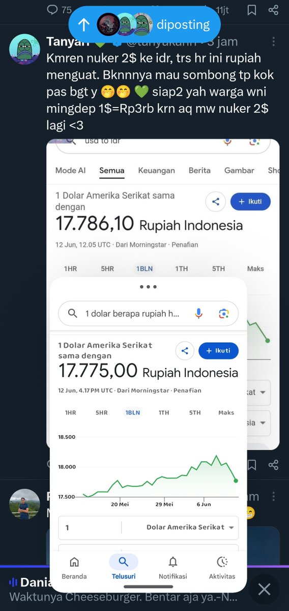 AgusNormal_Nh's tweet photo. @kristianlobo1 Assalamualaikum selamat malam om semua, oot dikit kembali menguat ni rupiah bahkan ada yang prediksi 1 dolar ke 3 ribu😌, kira2 pengadaan alut apa lagi yg dipantau 🤔 https://t.co/NuhxULfClI