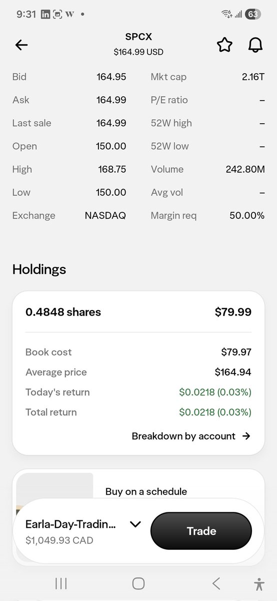 NYCARE_Wellness's tweet photo. Bought more 🇺🇸 $SPCX fractional shares at #Nasdaq & whole 🇨🇦 shares at #TSX, for both #Questrade & #Wealthsimple accounts! 🙂 https://t.co/xjyNbUmDNA