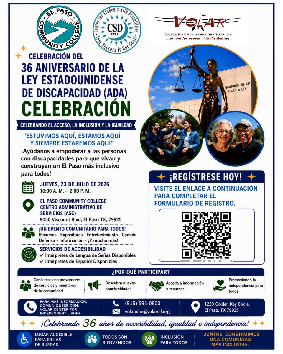 Volar_CIL's tweet photo. ¡Acompáñenos a celebrar el 36 aniversario de la Ley Estadounidense de Discapacidad (ADA)!

📅 23 de julio de 2026
⏰ 10 a. m.–2 p. m.
📍 Centro Administrativo de Servicios (ASC) de EPCC
9050 Viscount Blvd., El Paso, TX 79925 https://t.co/4li6CiVm2Y