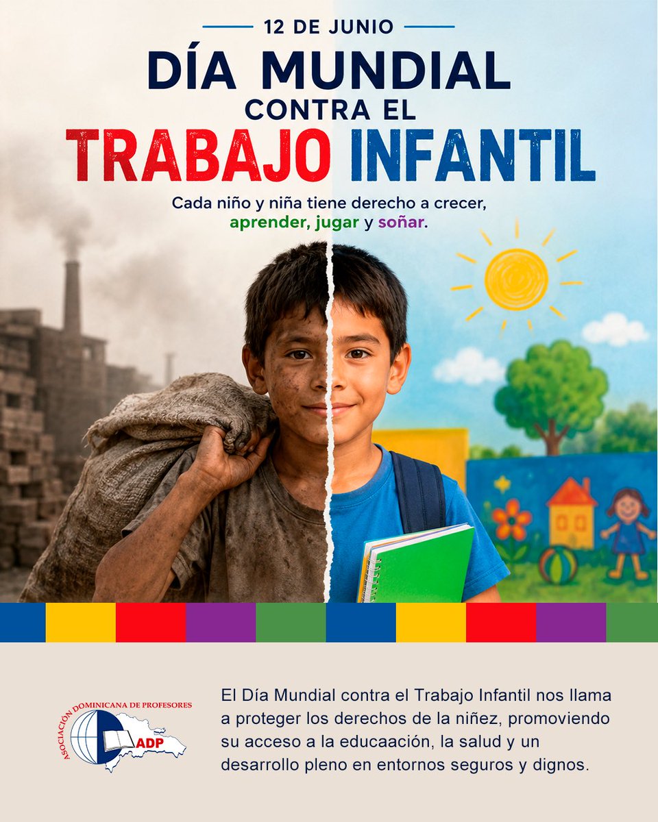 NuestraADP's tweet photo. Hoy conmemoramos el Día Mundial contra el Trabajo Infantil. Este año con el lema "Tarjeta roja al trabajo infantil: juego limpio para niños, trabajo decente para adultos". 
1/2 https://t.co/tgshDDWNVz