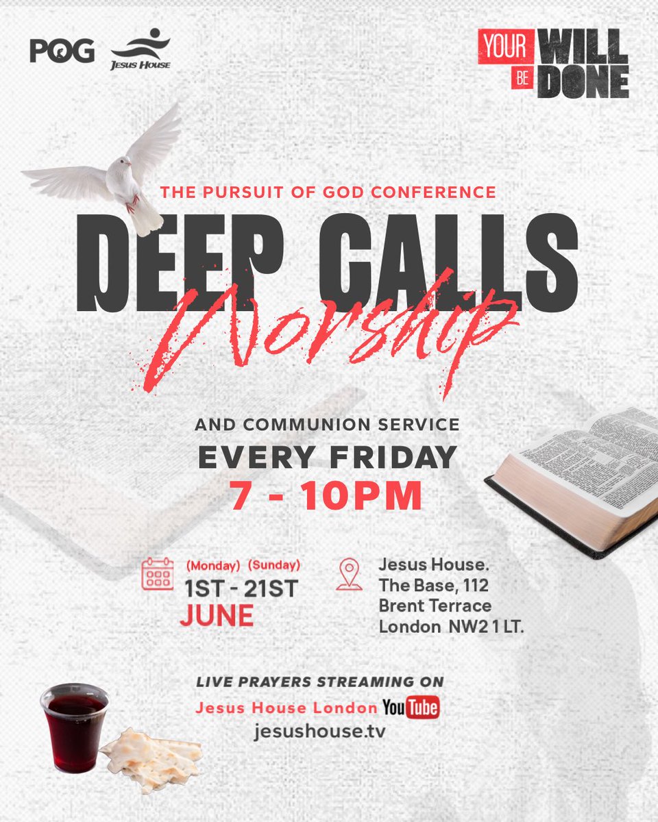 jesushouseuk's tweet photo. Deep calls to deep. 🔥

Join us TONIGHT for nights of worship, prayer, and communion at The Pursuit of God Conference.

Come expectant. Come hungry. Come ready for His will to be done.

📍112 Brent Terrace, London NW2 1LT streaming LIVE on YouTube &amp; https://t.co/Onbnt5W23l https://t.co/F3dGTKIaAi