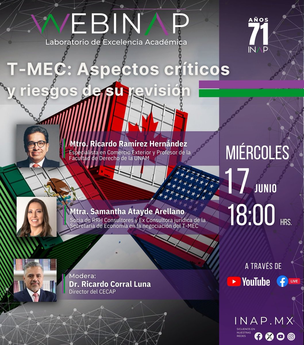 inap_mx's tweet photo. 📢 Conoce más sobre el “T-MEC: Aspectos críticos y riesgos de su revisión” en nuestro #WebINAP, un espacio de análisis sobre los retos y perspectivas del acuerdo comercial más importante para México.
🗓️ 17 de junio
⏰ 18:00 hrs.
📺 Sigue la transmisión en YouTube y Facebook Live.
#TMEC #ComercioExterior #AdministraciónPública