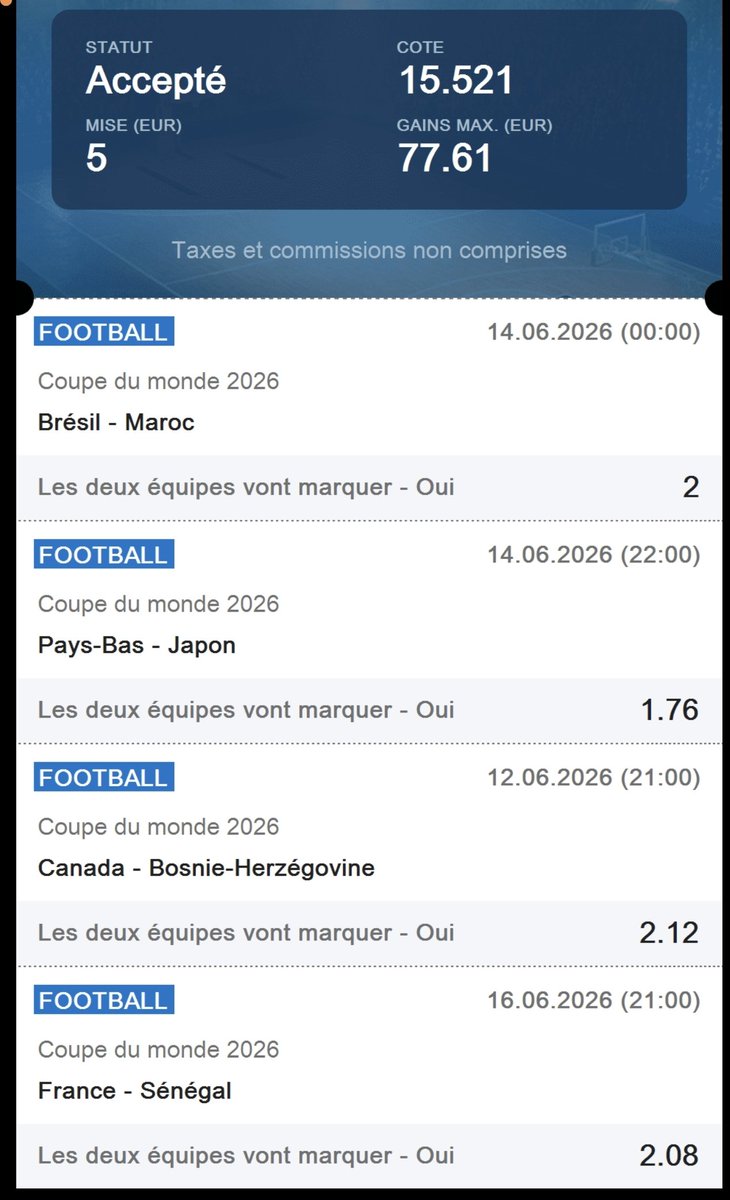 MrKokane31's tweet photo. J'ai tenté un#BttsTime 👉🏻 Côte 15.521 pour cette 1ere journée de cdm 🙏
Ça reste du fun 😇
#Teamkokane #TeamParieur https://t.co/NZkqGVBrQb