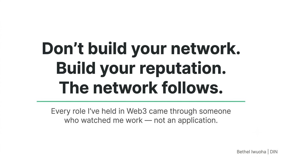 AstuteCryptoBet's tweet photo. Contrary to most networking advice:

Don't build your network. Build your reputation.

The network follows reputation. It doesn't work the other way.

Every position I've held as a Web3 Community Manager over 5+ years have come through someone who had watched me work.

#Web3 #AI https://t.co/okaglEIyPW