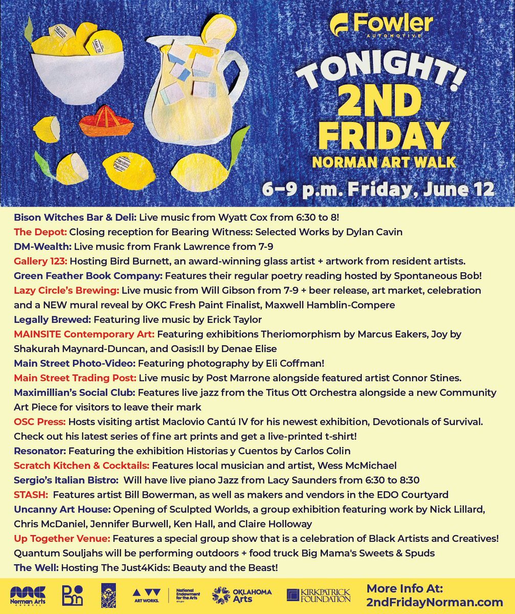 NormanArts's tweet photo. Tonight's the night! We hope you can SQUEEZE in time to stop by 2nd Friday Art Walk TONIGHT from 6-9 pm in Downtown Norman! Thank you to this month's presenting sponsor, Fowler Automotive! Read even more about our lineup over at https://t.co/kDJgUOxwh6! https://t.co/X8Vn0ohVp0