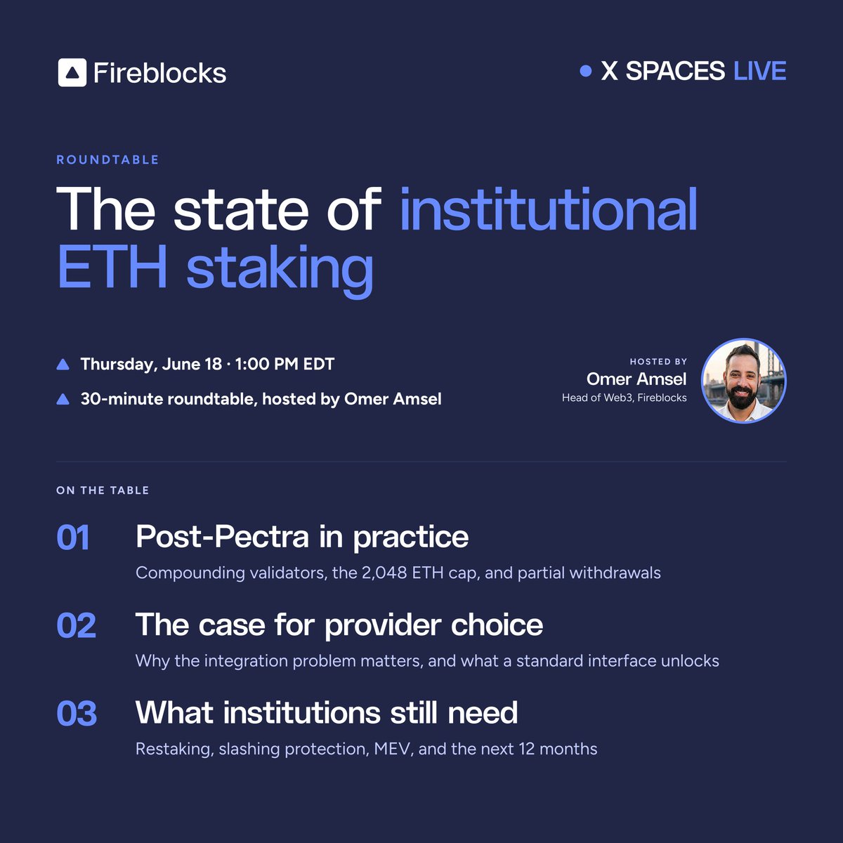 FireblocksHQ's tweet photo. The state of institutional ETH staking.

Live on X Spaces, Thursday June 18 at 1:00 PM EDT. Hosted by @OmerAmsel.

On the table:
→ Post-Pectra in practice
→ The case for provider choice
→ What institutions still need

Set a reminder ↓ 
https://t.co/XlflEaDrfI https://t.co/zIX8dUUpw2