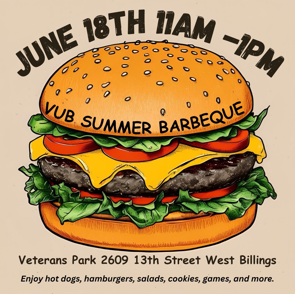 vubmt's tweet photo. Annual Billings Veteran BBQ! 🍔☀️

All local veterans, family members, and service providers are invited to join us for our annual summer cookout!

🗓️ Thursday, June 18th 🕚 11:00 AM - 1:00 PM 📍 Veterans Park | 2609 13th Street West

Drop by for some free hot dogs, hamburgers, and sides. It’s a great opportunity to network with regional service providers, catch up with friends, and play a round of cornhole. Families are welcome! 🙌