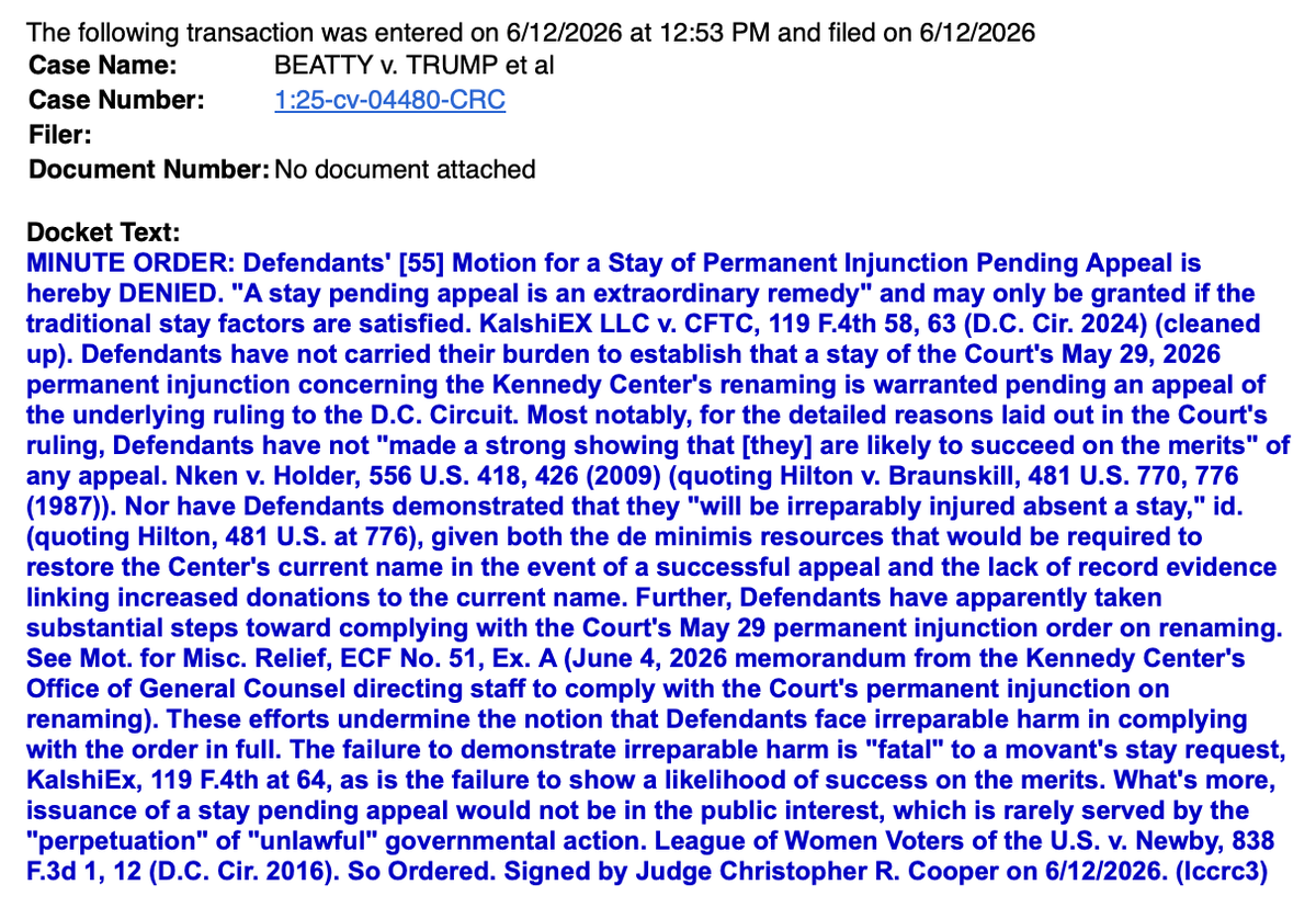 joshgerstein's tweet photo. JUST IN: Judge Christopher Cooper (Obama/DC) denied Trump admin request to stay his order requiring Trump's name come off Kennedy Center. Cooper sees no irreparable harm if it can be readily put back later. Fight moves to DC Circuit. Earlier: https://t.co/7P9trQsF2Y https://t.co/3mwjN5sa5N
