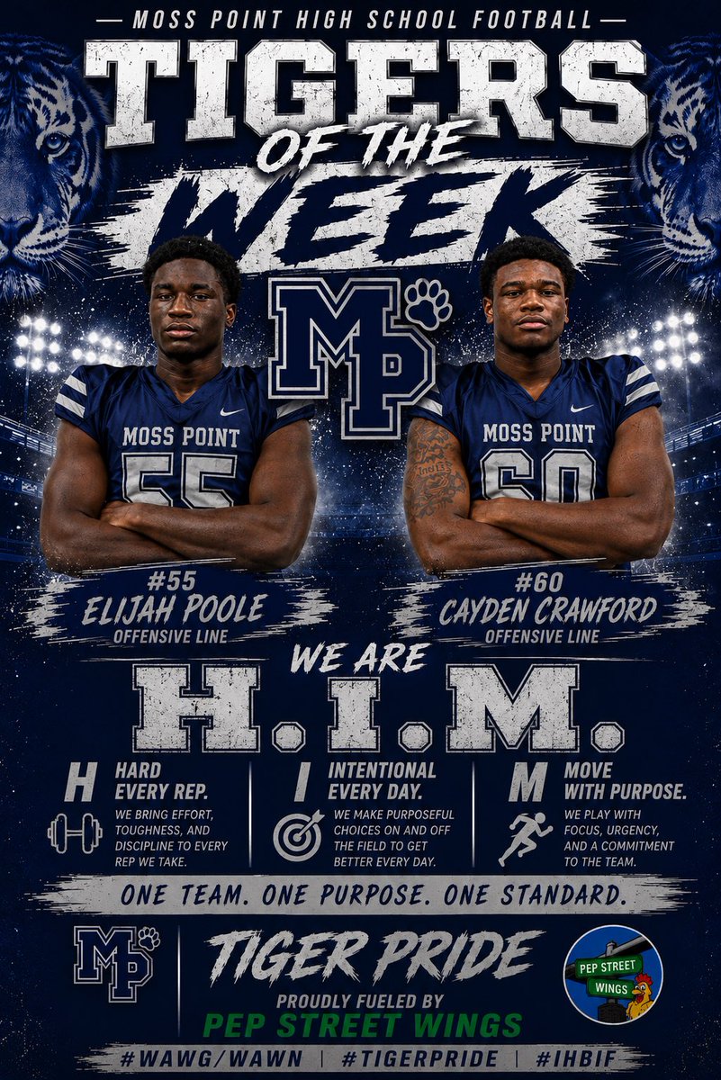 MossPointFB's tweet photo. Our word for the week is COMMITMENT, and these 2 young men have embodied that this week and have lead the charge for our team. Thank you Pep Street Wings for proudly sponsoring our Tigers of the Week.
#WAWG #WAWN #TIGERPRIDE #IHBIF #Commitment #BeHIM https://t.co/PpRFAIX8uA