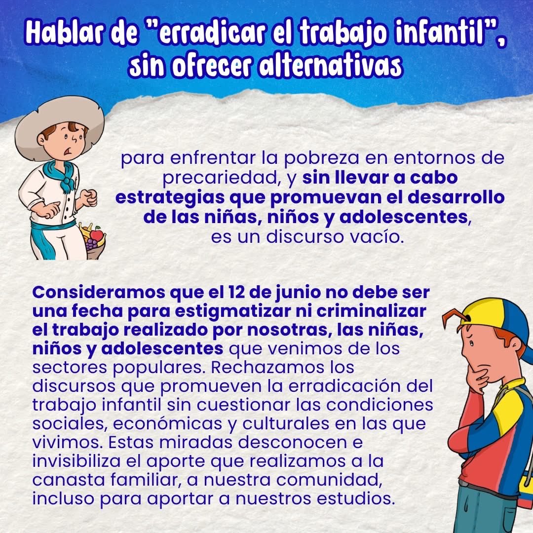riveraotto's tweet photo. Región:
En el Día Mundial contra el Trabajo Infantil hacemos propio la postura, exigibilidad y propuesta de las Niñas, Niños, las y los Adolescentes organizados en el MOLACNNATS, por una vida digna, libre de explotación, violencias e indiferencia por parte de los Estados. https://t.co/dKB7aH4HoJ