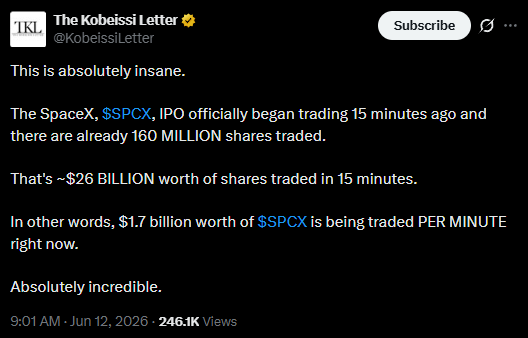 usa912152217's tweet photo. 6/12/26🔥🔥SpaceX成功上市，人类诞生第一位万亿级别富翁-马斯克（Elon Musk）！

SpaceX向投资者发行5.55亿股，也是第一次分配给散户高达30%的股票。今天SpaceX（SPCX)开盘交易，仅仅15分钟，已经高达1.6亿股换手，价值高达260亿美元，每分钟有17亿美元的交易。

SPCX将于两周之后加入纳斯达克指数，和MSCI指数；6月底7月初，指数基金将按规定买入SPCX；承销商摩根斯坦利在7月12号钱有义务保证股价不低于发行价135美元。SPCX的第一个季报将于8月5日释放。 

内部人解禁则与8-10月第一个季报开始后。

https://t.co/Wft1IbIvNm
https://t.co/0VhUfqrnxP
https://t.co/aVnvvseHu4