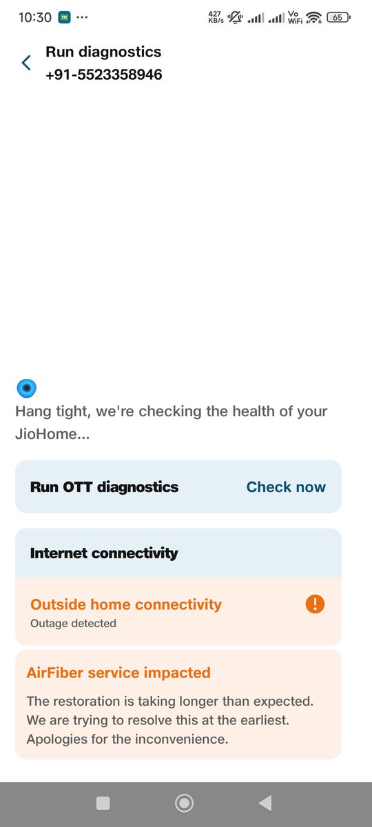 onlyforifti's tweet photo. It's been 4–5 months of frequent disconnection &amp; internet speed, and getting support has become impossible. Calls to customer care end with there is an issue in your area, and chat support repeats is same please address this, @JioCare. #Jio #JioCare https://t.co/OOO2lJoFB9