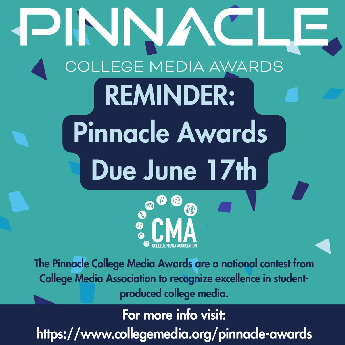 UDCommTeacher's tweet photo. The 2026 Pinnacle Awards are open and entries will be accepted via BetterBNC until midnight ET, June 17. Finalists will be announced in August. Winners will be announced at the CMA/ACP joint Fall National Convention Nov. 4-7 at the Westin Kansas City Crown Center. @collegemedia. https://t.co/f2ALa7pb8h