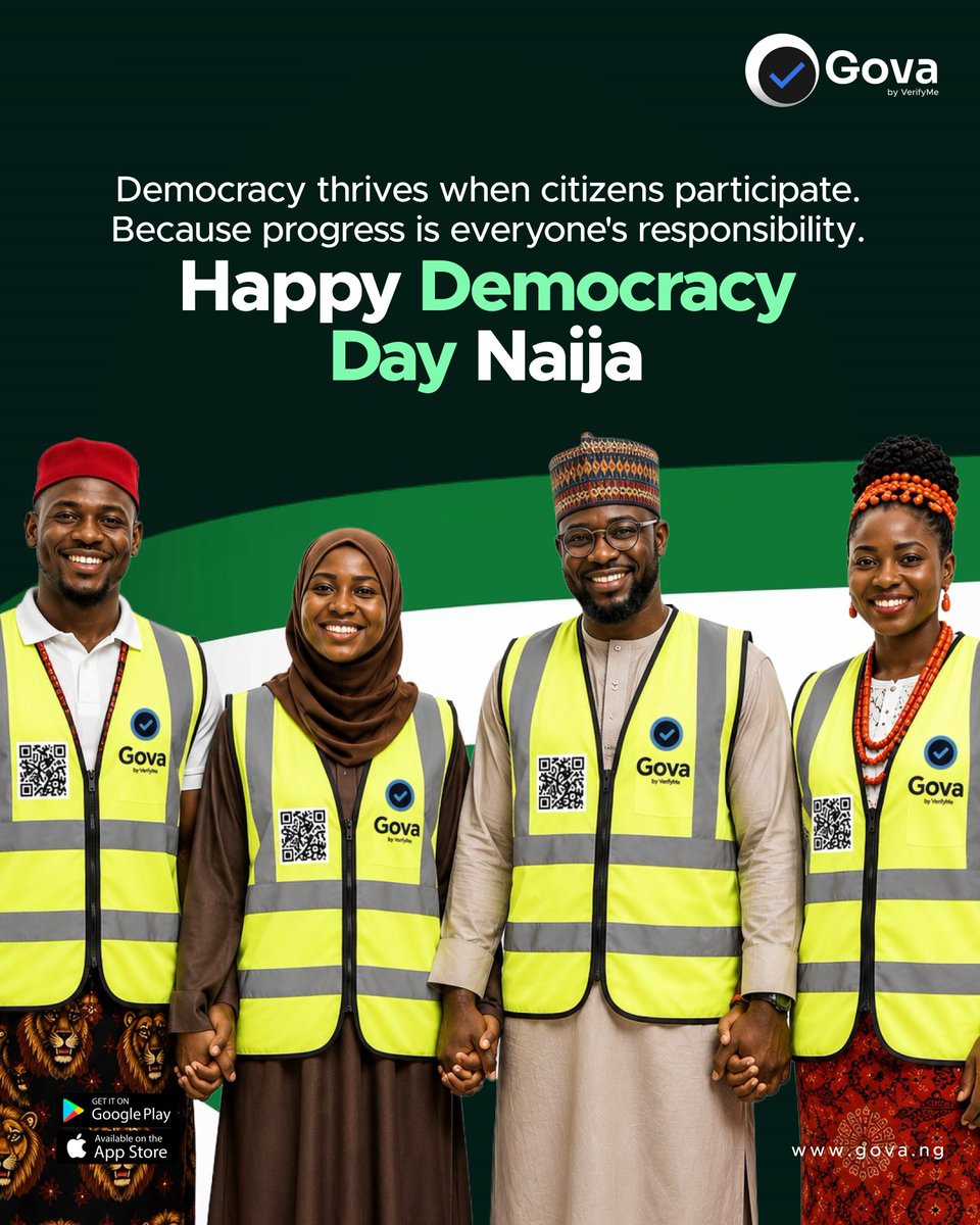 GovaNigeria's tweet photo. Democracy isn't just voting; it's people actively contributing to the systems that make society work.
This Democracy Day, we celebrate the power of citizen participation because progress happens when everyone has a role to play.
Happy Democracy Day, Nigeria.
#DemocracyDay #Gova https://t.co/AiYtvWezql