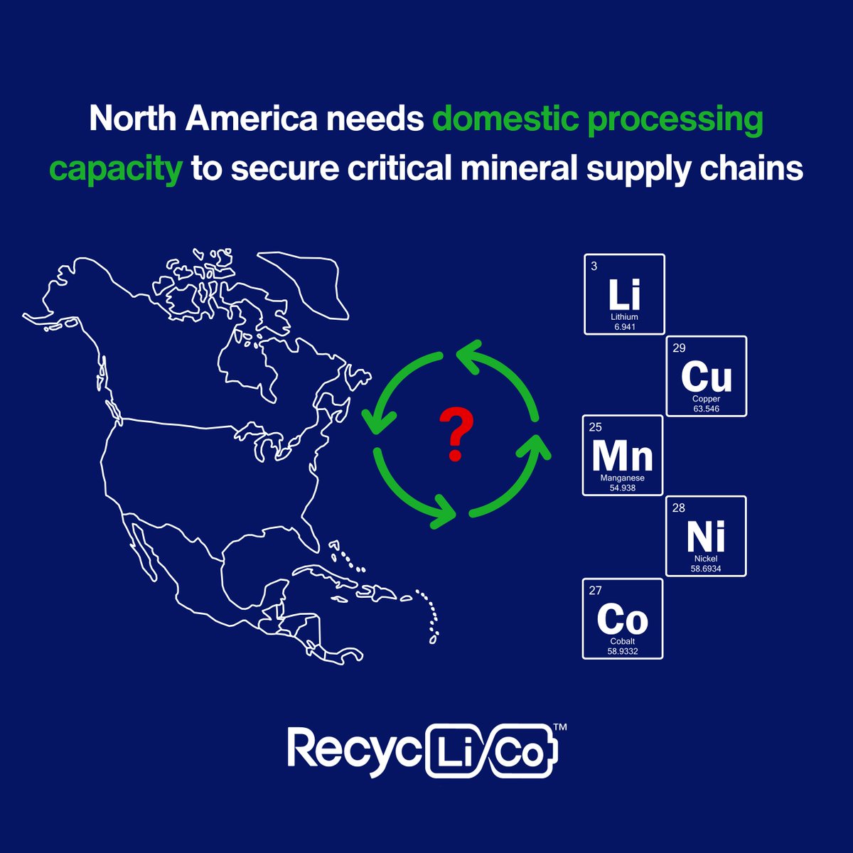 RecycLiCo's tweet photo. North America’s #CriticalMinerals strategy cannot rely on mining alone.

Refining and recovery are essential to long-term supply security.

@RecycLiCo focuses on recovering critical minerals already in circulation and returning them to the #SupplyChains

https://t.co/rtUDNEi2LE https://t.co/ofjAaRpEF8