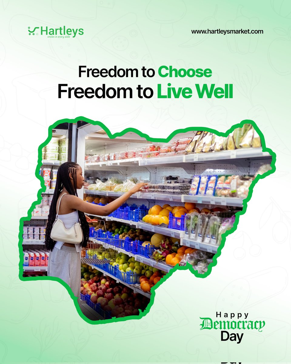 hartleysmarket's tweet photo. A free Nigeria means a life where every Nigerian gets to choose their future, their path, and yes, even their groceries. 💚 

On this Democracy Day, we honour that freedom and the people who fought to make it real. 🙏

Happy June 12! ✨

#DemocracyDayNigeria #NigeriaAt65 https://t.co/M4U0fO8V7S