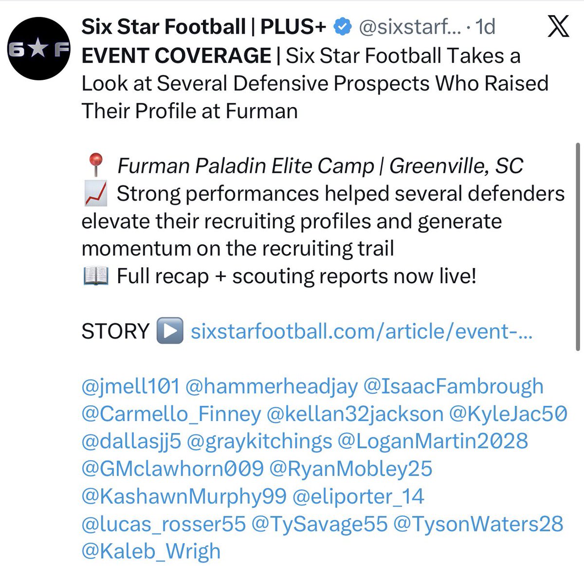 jmell101's tweet photo. Thank you @sixstarfootball for the evaluation and write up on my performance at @PaladinFootball ! @RecruitGeorgia https://t.co/cM7qGOGXhJ
