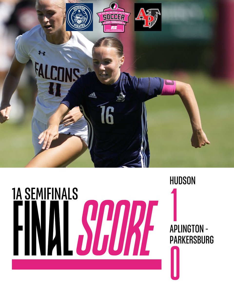 IGHSAU's tweet photo. 𝐏𝐢𝐫𝐚𝐭𝐞𝐬 𝐭𝐨 𝐭𝐡𝐞 𝐒𝐡𝐢𝐩!🏴‍☠️⚽️

#3 Hudson defeats #7 Aplington-Parkersburg in extra time 1-0! They will face Denver in the Class 1A State Championship at 9 on Saturday, June 13 at Cyclone Sports Complex.

2026 State Soccer Presented by @iowafarmbureau

Final score brought to you by @farewaystores

#IGHSAU #IowaGirl #StateSoccer