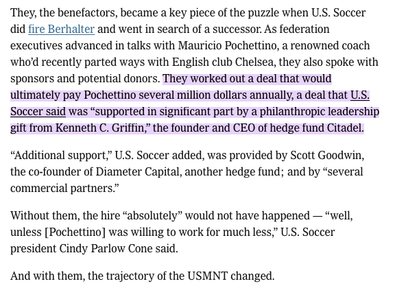 JoePompliano's tweet photo. Love hearing nuggets like this...USMNT coach Mauricio Pochettino was only hired because hedge fund billionaire Ken Griffin (and others) helped cover his salary worth several million dollars annually. https://t.co/73UKYreDmw